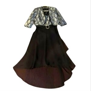Le Bos Black/Silver Belted High-Low Fit Flare Dress With  Short Jacket Sz 10